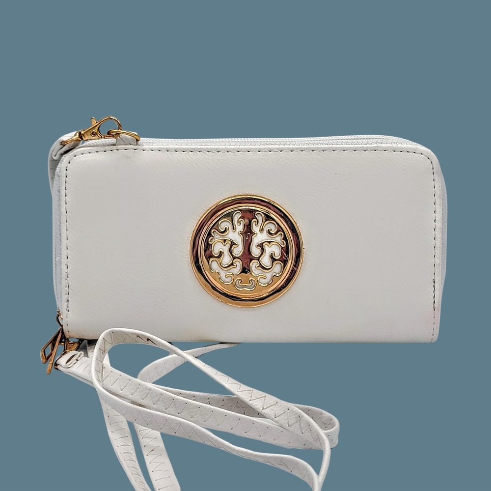 White Faux Leather Organizer Wallet Crossbody Phone Wristlet Multi Compartment